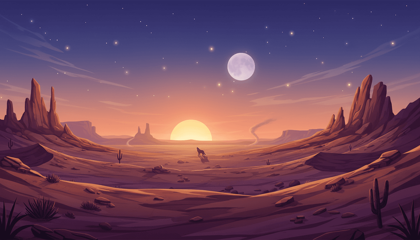 Wolf howling in desert at sunset